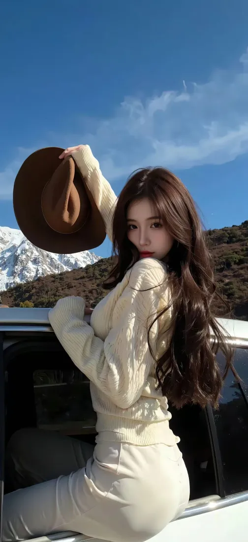 美女手机壁纸|雪山汽车背景 - 米色穿搭「哲风壁纸」 美女手机壁纸|雪山汽车背景 - 米色穿搭「哲风壁纸」