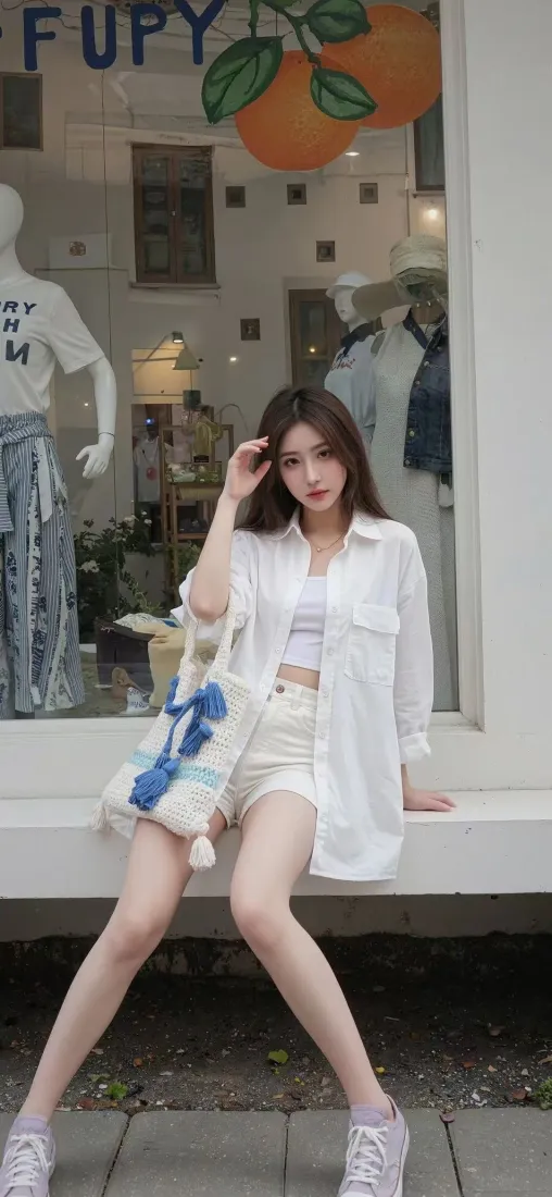 长发白衣女子坐在店铺橱窗边，手提蓝白帆布包，姿态随性。