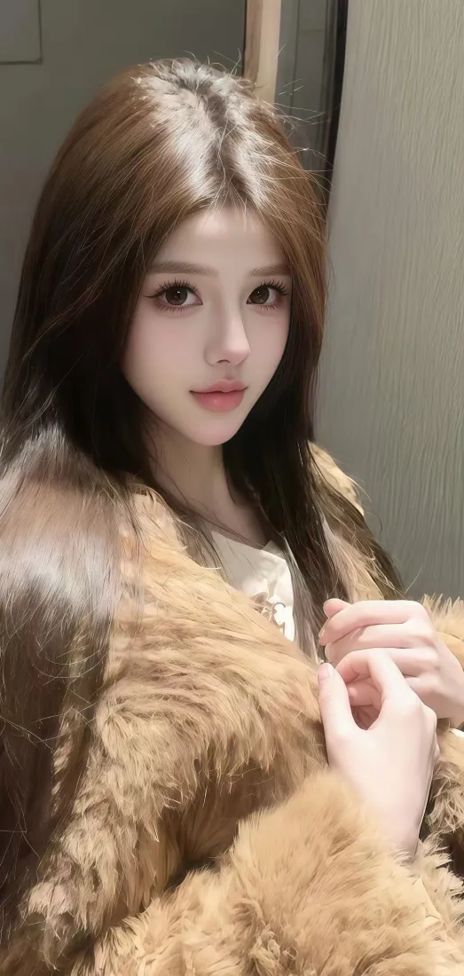 室内长发年轻女性身着棕黄色毛绒外套，近景自拍，背景为浅灰墙面。