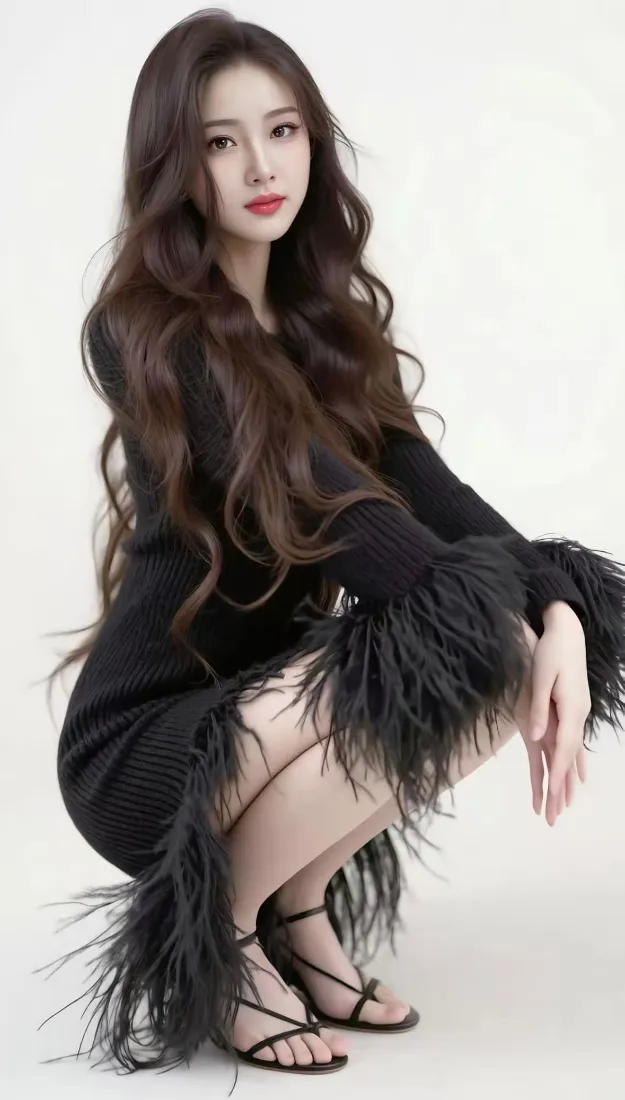 美女手机壁纸｜白色背景图片 - 黑色羽毛裙「哲风壁纸」