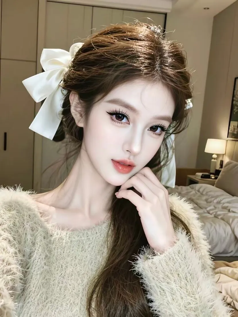 长发美女手机壁纸｜卧室背景 - 白色蝴蝶结「哲风壁纸」