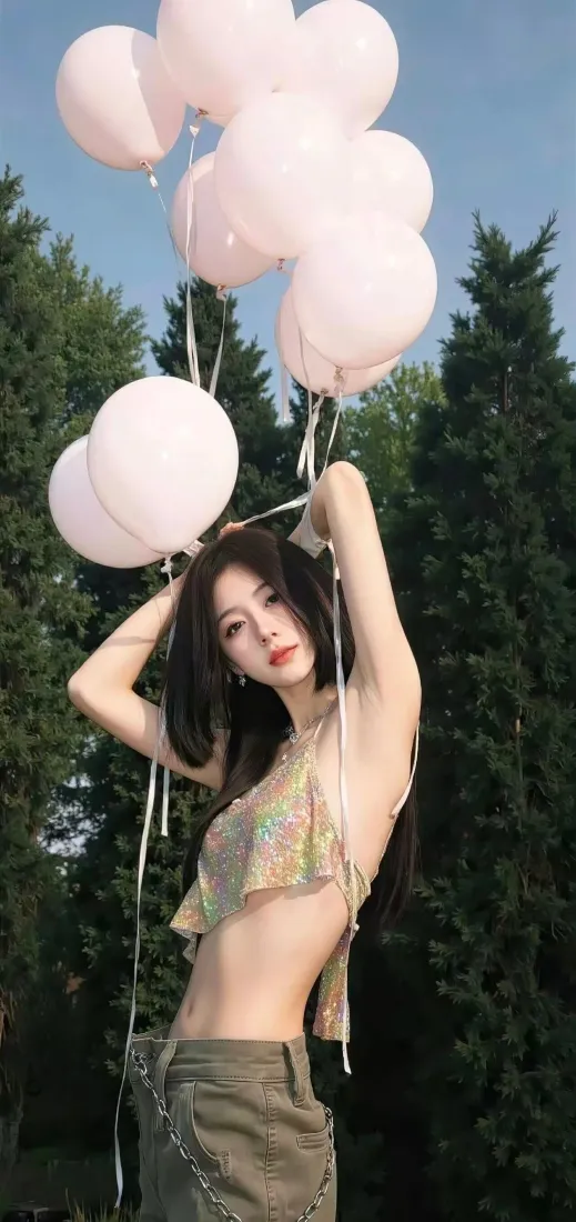 美女手机壁纸|蓝天绿树背景 - 粉色气球露脐装「哲风壁纸」 美女手机壁纸|蓝天绿树背景 - 粉色气球露脐装「哲风壁纸」