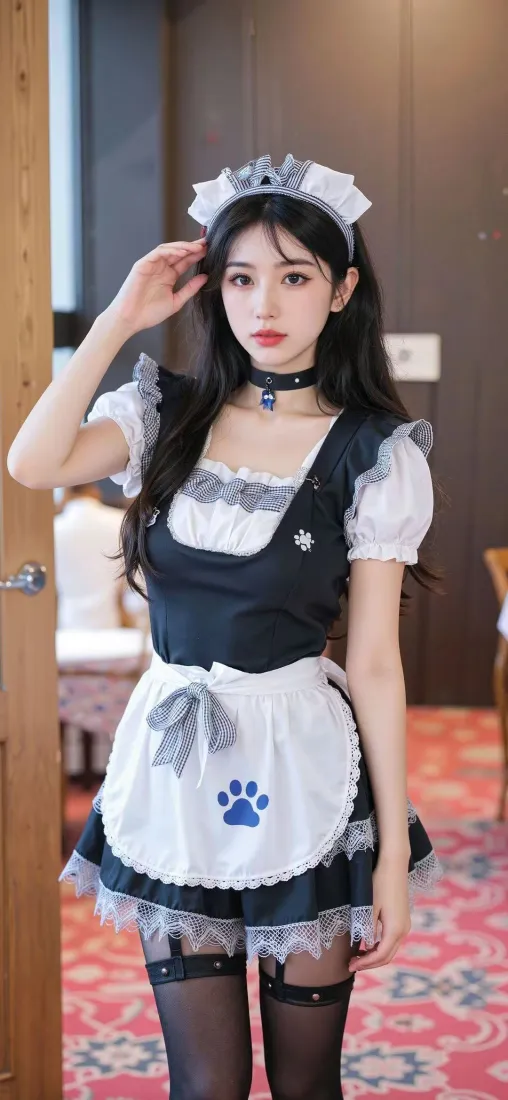 室内场景中，身着带猫爪图案黑白女仆装、黑丝的长发年轻女性站立摆拍