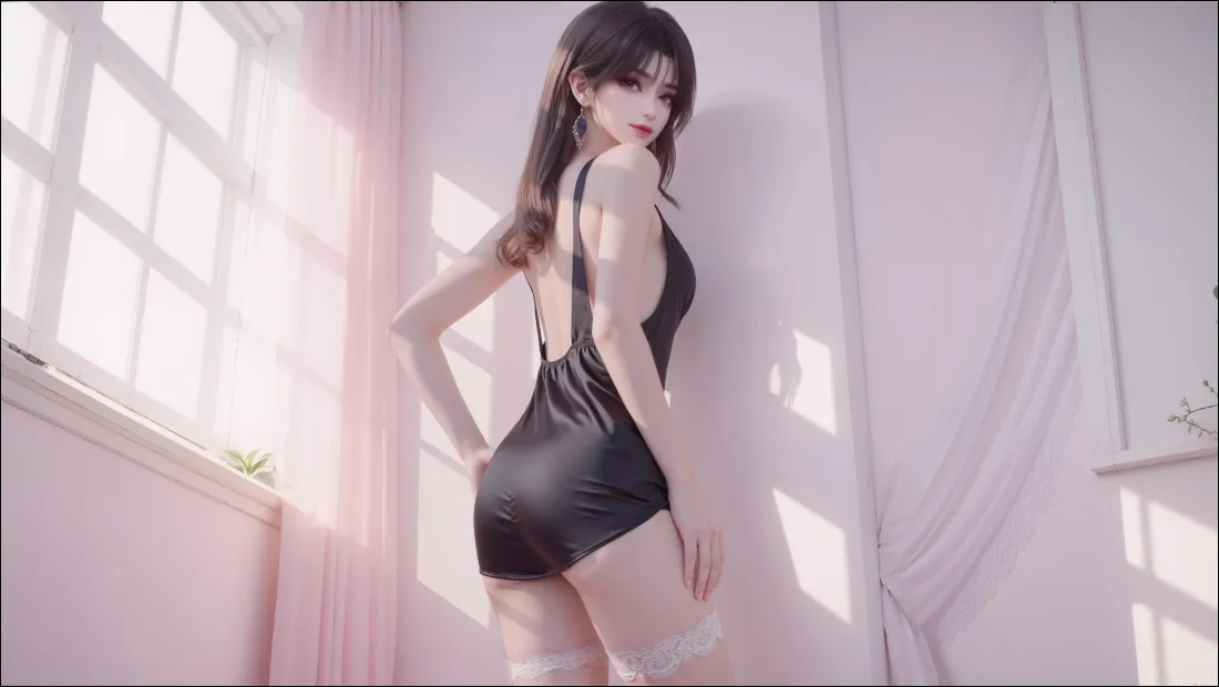 2k美女壁纸｜粉色房间背景 - 黑色紧身衣「哲风壁纸」