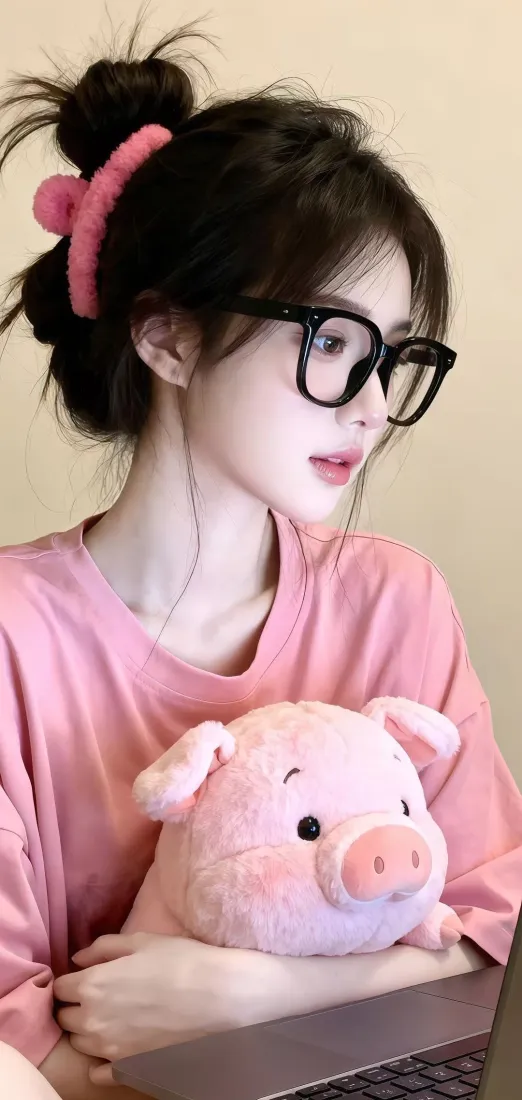粉色美女手机壁纸｜小猪玩偶背景 - 黑框眼镜「哲风壁纸」