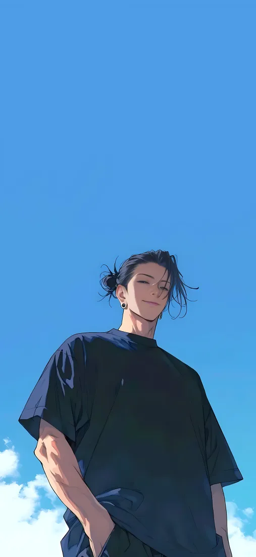 蓝天背景下，扎小揪的夏油杰穿黑T恤单手插兜，低角度拍摄。