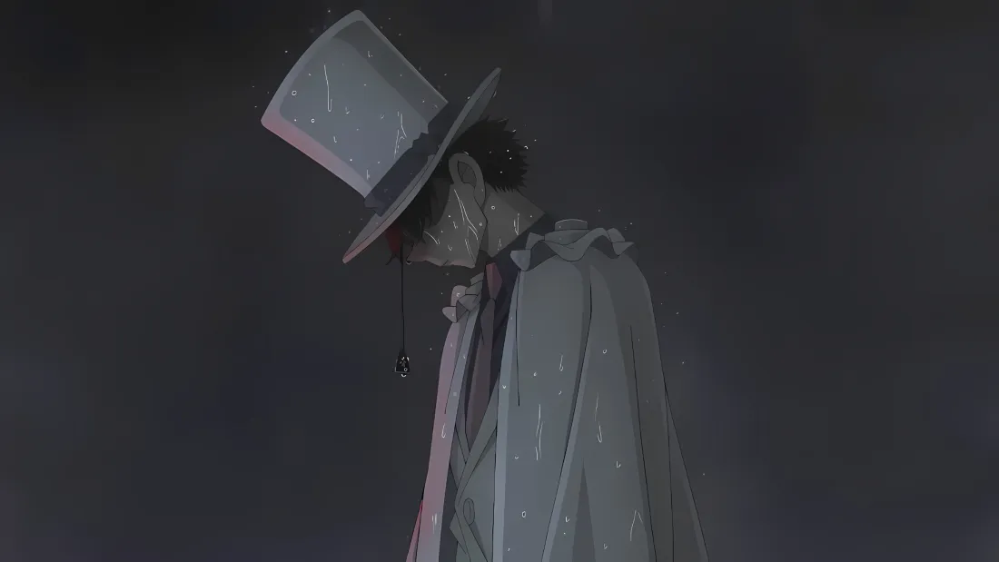 雨夜中怪盗基德低头伫立，礼帽与披风被雨打湿，氛围阴郁落寞。