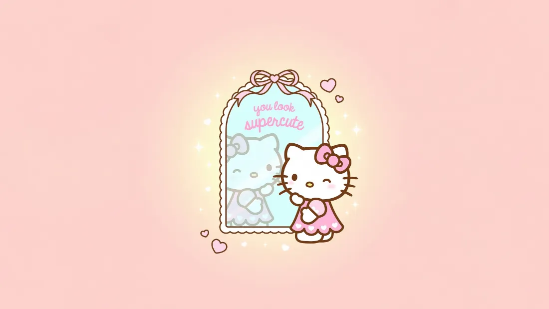 浅粉渐变背景上，Hello Kitty 站在带蝴蝶结的花边镜子旁，点缀小爱心。