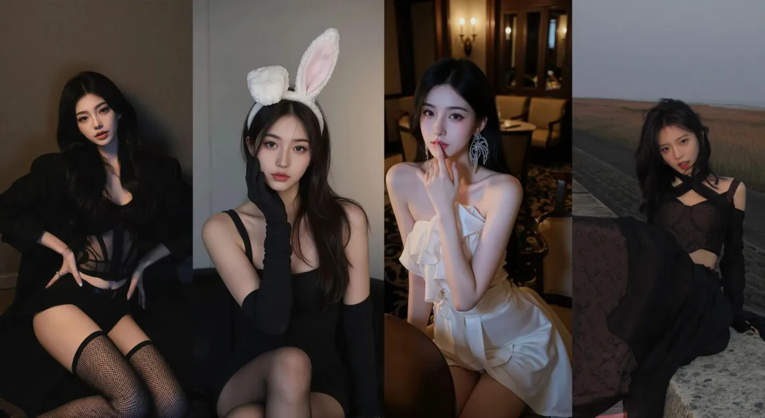 3k美女四格壁纸｜穿搭背景图片 - 三合一兔耳黑丝「哲风壁纸」