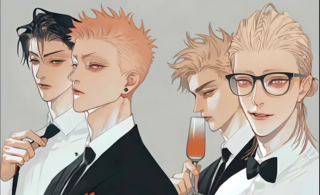 四位身着西装礼服的《19天》男性角色，手持酒杯，背景为浅灰色。