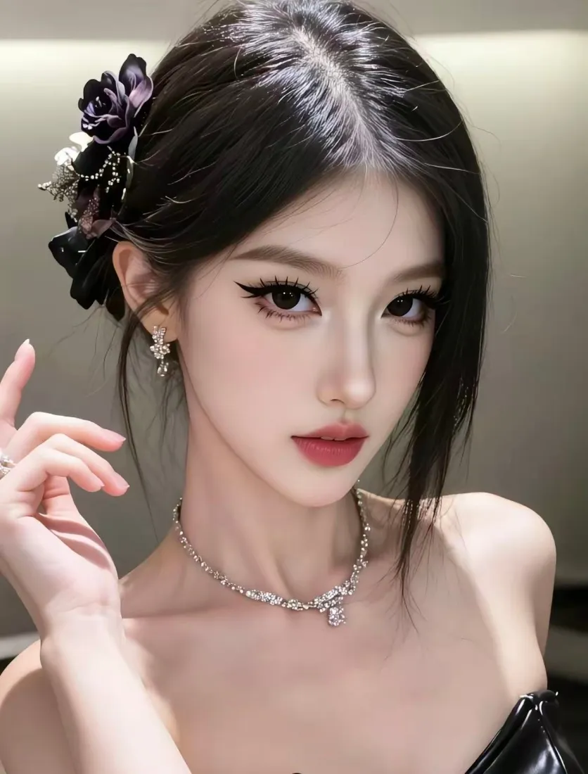 黑衣美女佩戴钻饰项链与耳饰，发间点缀黑玫瑰发饰，妆容精致。