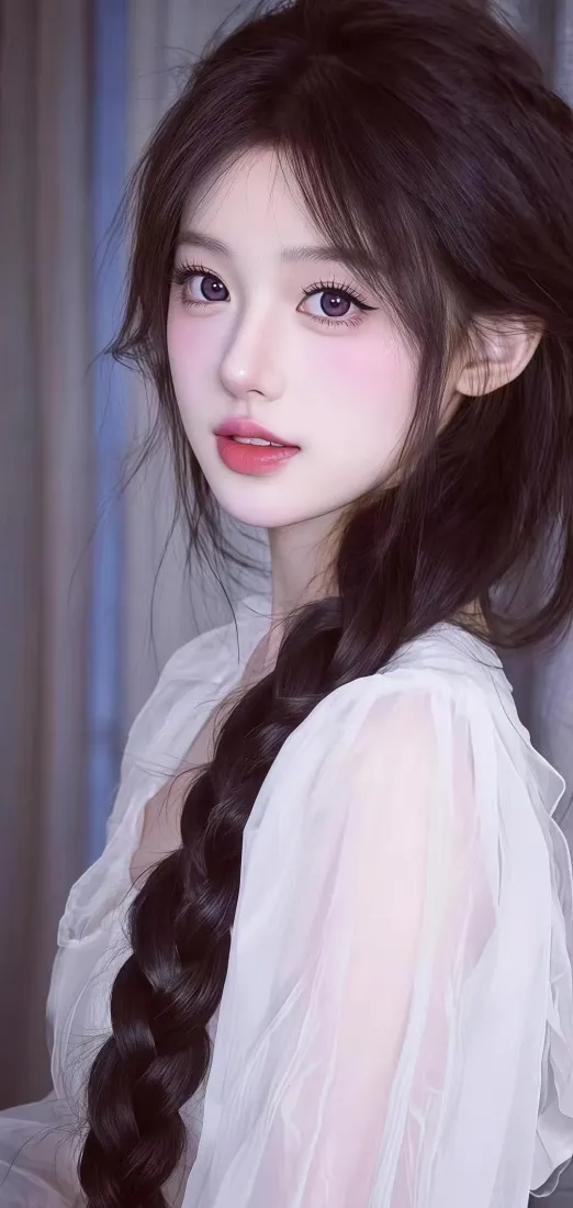 白衣麻花辫年轻女性半身近景，背景为虚化的灰色窗帘