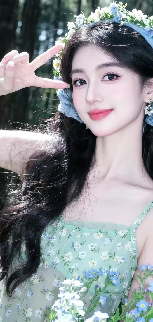 林间头戴蓝白花环、身着绿碎花吊带裙的长发女子比剪刀手微笑