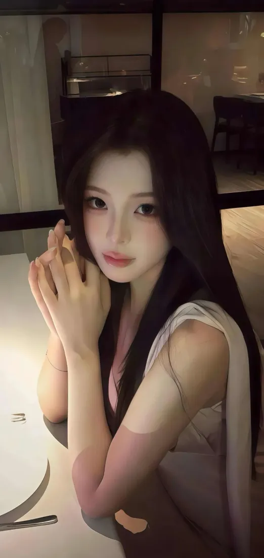 长发年轻女子在室内餐桌旁，双手轻托脸颊，暖光氛围柔和。