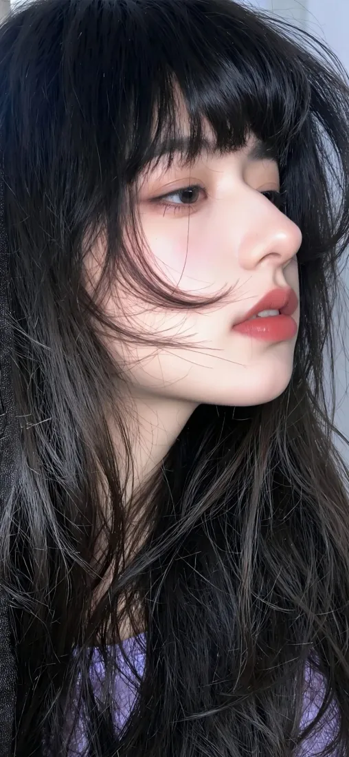 黑发美女手机壁纸|紫衣背景 - 红唇侧脸「哲风壁纸」 黑发美女手机壁纸|紫衣背景 - 红唇侧脸「哲风壁纸」