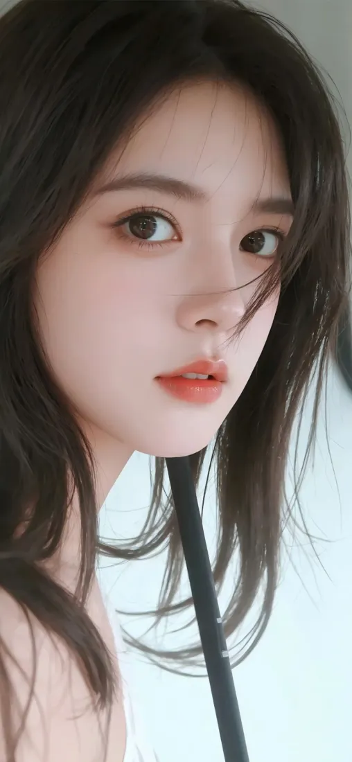 黑发长发年轻女性脸部特写，红唇妆容，浅淡虚化浅色背景，清新柔和