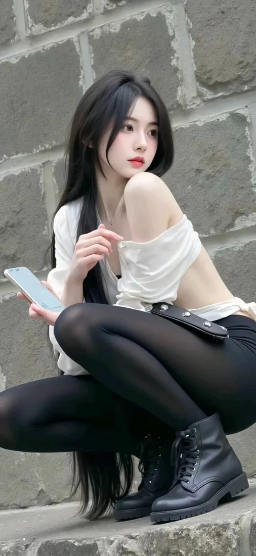 长发白衣黑丝女生蹲在石墙台阶上，手持手机，侧身回望镜头。