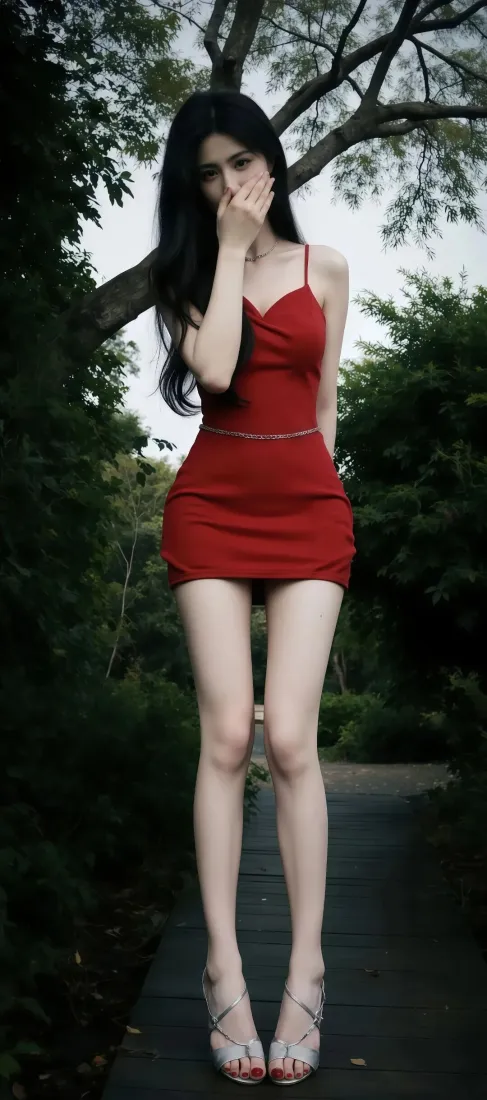 林间步道上，长发女子身着红色吊带短裙与高跟鞋，以手掩面站立。