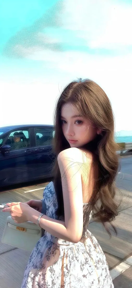 长发穿碎花露背裙的女生在海边停车场回头，身旁停着深色汽车