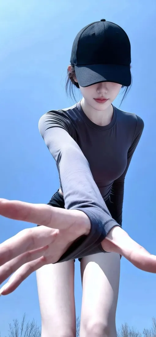 戴黑帽穿灰衣的女子在晴朗蓝天背景下向前伸展手臂
