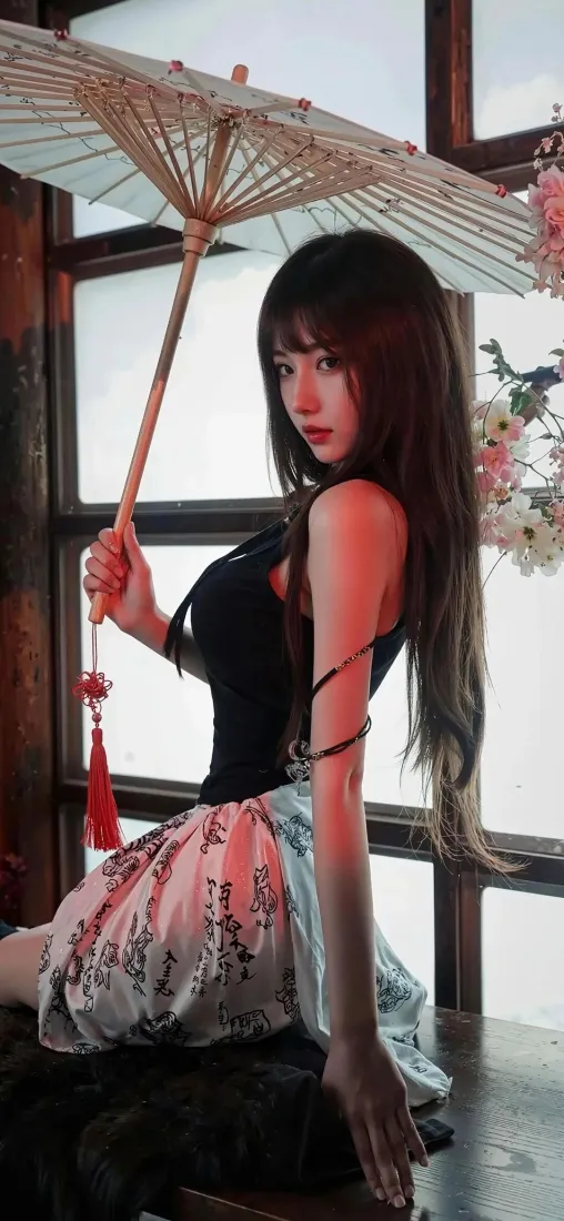 长发女子手持油纸伞，身着黑上衣与印花短裙，坐于木格窗前。