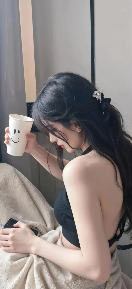 长发黑衣女子坐于室内，手持带笑脸的白色纸杯，姿态温婉。