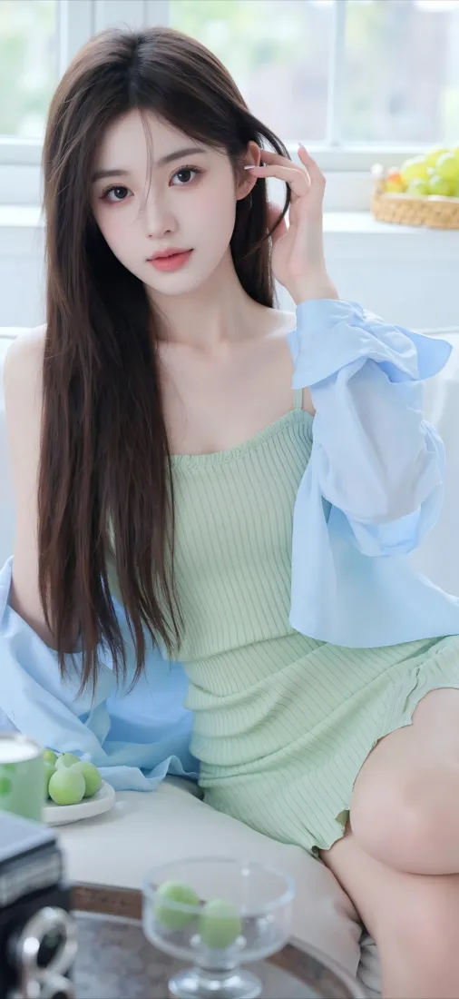 长发年轻女子身着浅绿色吊带裙，外搭浅蓝色衬衫，在明亮室内窗边摆拍。