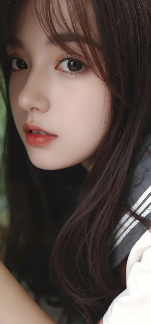 穿水手服的长发清纯女生脸部特写，背景虚化，氛围清新柔和。