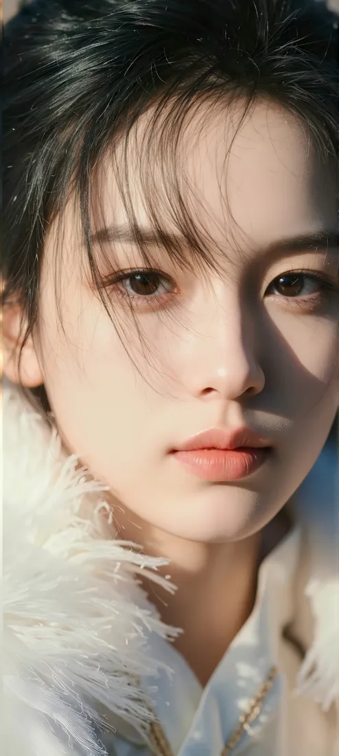 白衣黑发年轻女性脸部特写，暖调柔光，白色毛绒衣领，妆容精致