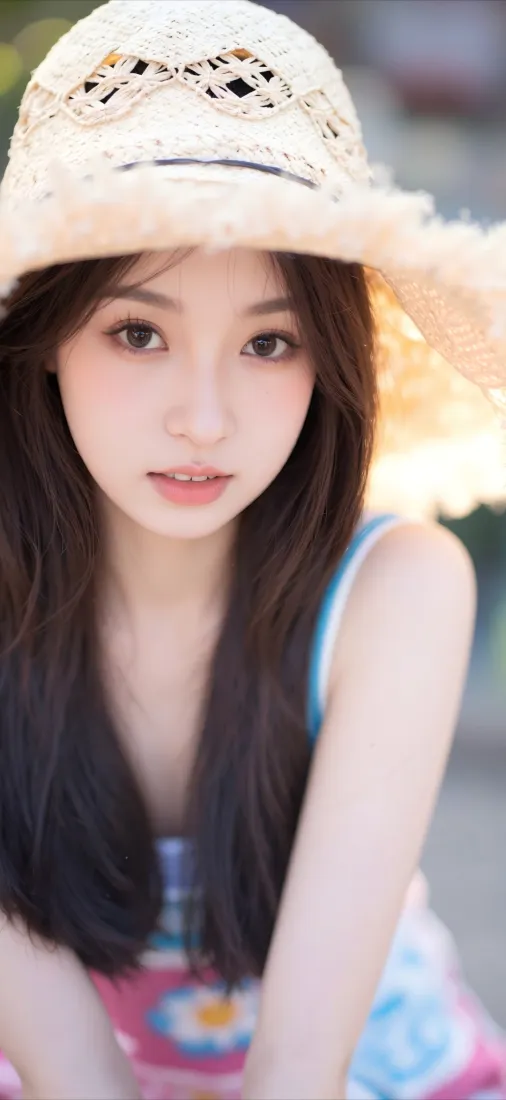 戴米白镂空草帽的长发年轻女性，身着彩色印花吊带裙，户外清新写真