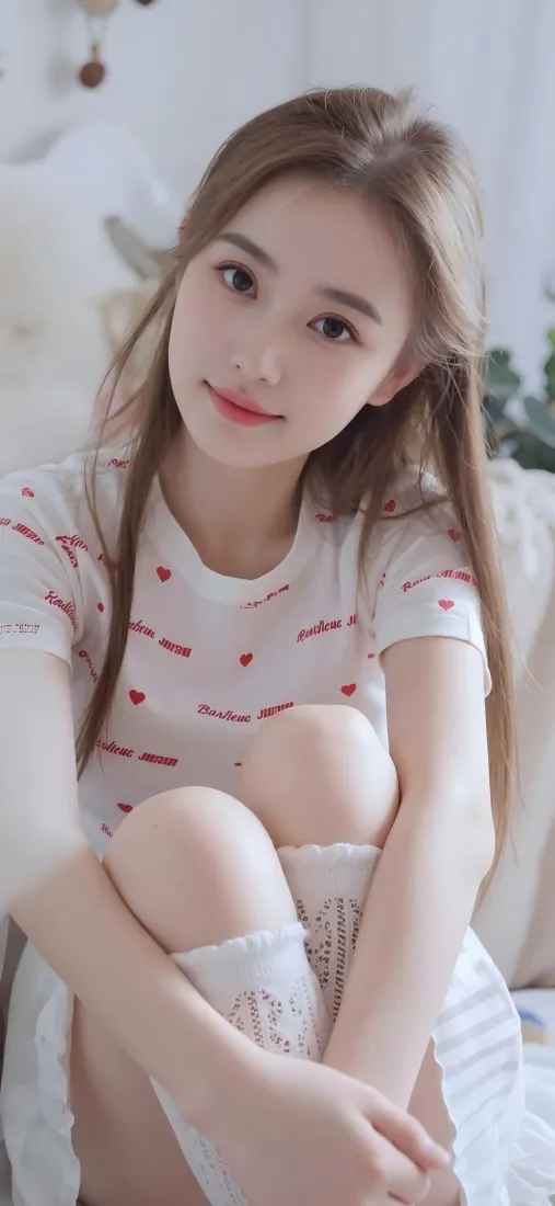 室内场景中，长发年轻女子穿印红心白短袖抱膝坐于沙发，微笑看向镜头