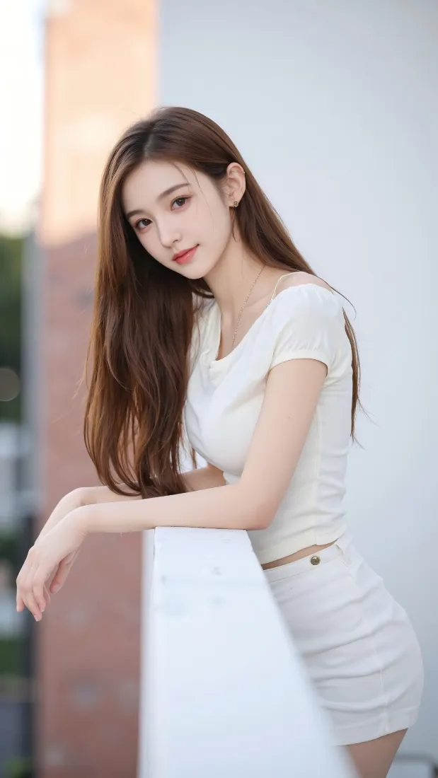户外天台白衣长发美女倚靠白色矮栏，背景虚化，清新柔和