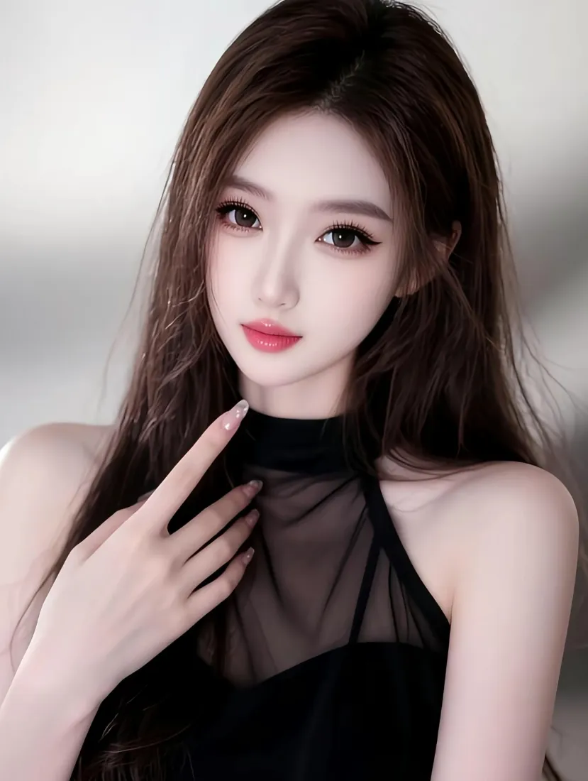 长发红唇美女身着黑色网纱挂脖上衣，手放胸前，背景浅灰简约。