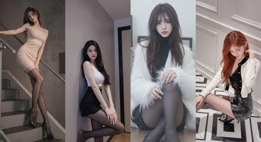 四格拼接的室内楼梯场景美女穿搭写真，均着丝袜展示不同风格造型