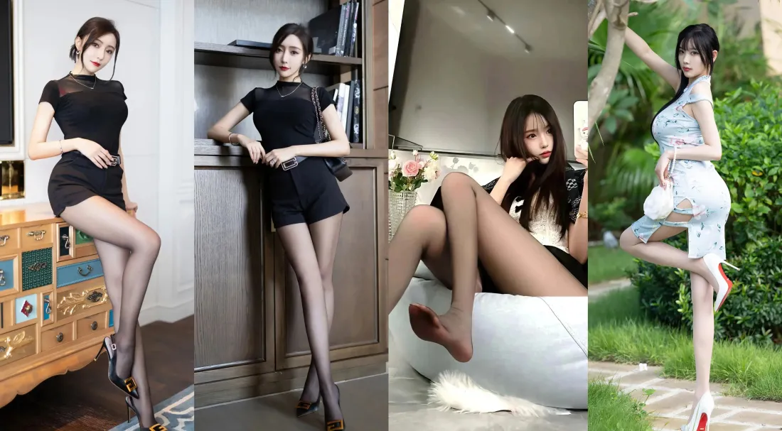 四幅竖幅美女写真拼贴，展示不同穿搭造型的女性人像