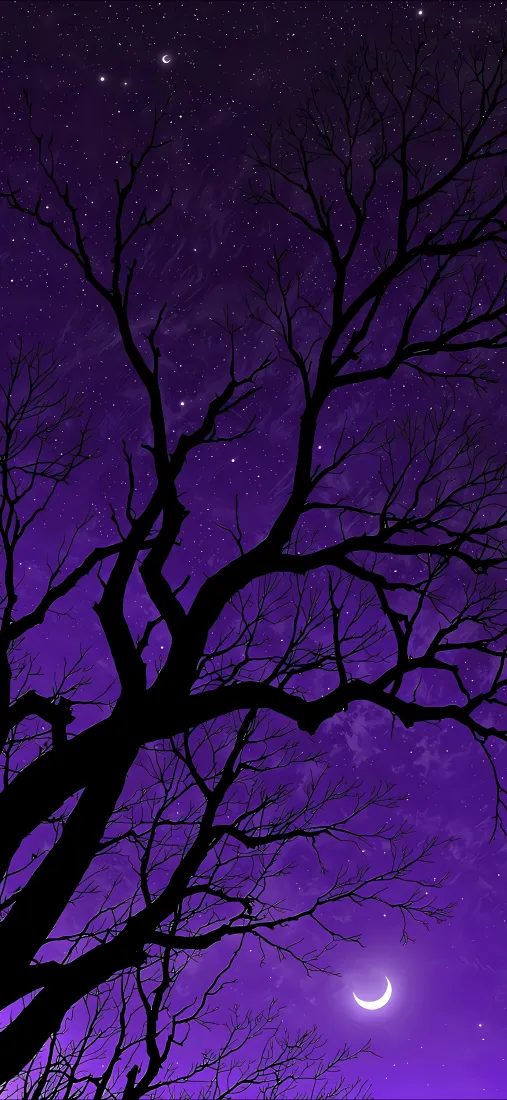 紫色渐变夜空下，枯树黑色剪影旁点缀繁星与弯月