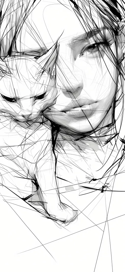 黑白素描线条手绘，女孩与小猫依偎的特写画面