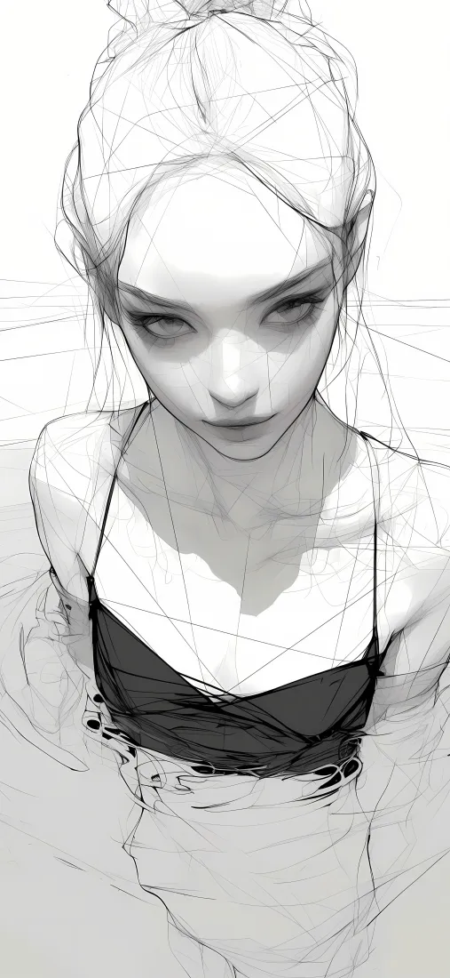 黑白线稿风格的半身女性插画，女子身着黑色吊带泳衣半身浸于水中，线条随性写意。