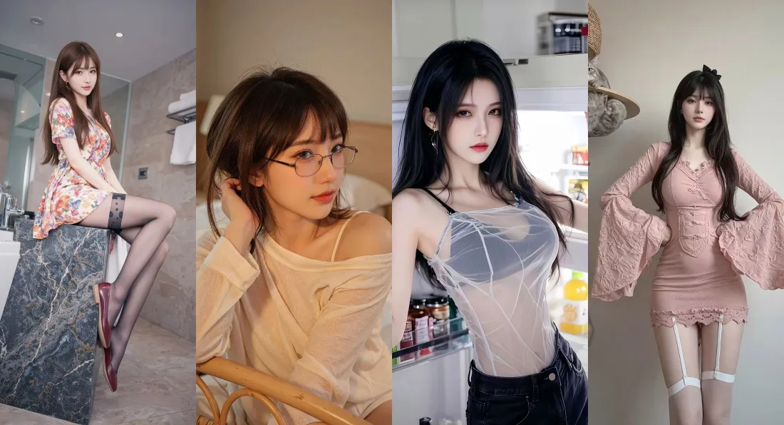4k美女壁纸|紫粉穿搭背景图 - 时尚美女「哲风壁纸」 四格拼接的不同穿搭年轻女性写真合集