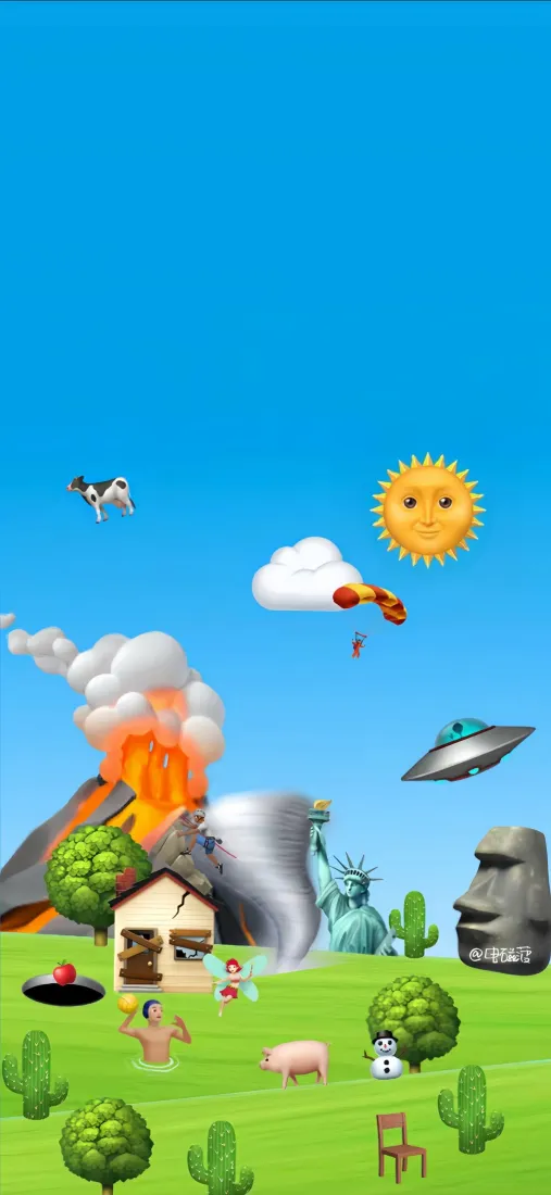 卡通emoji场景手机壁纸｜蓝底 - 火山太阳动物「哲风壁纸」