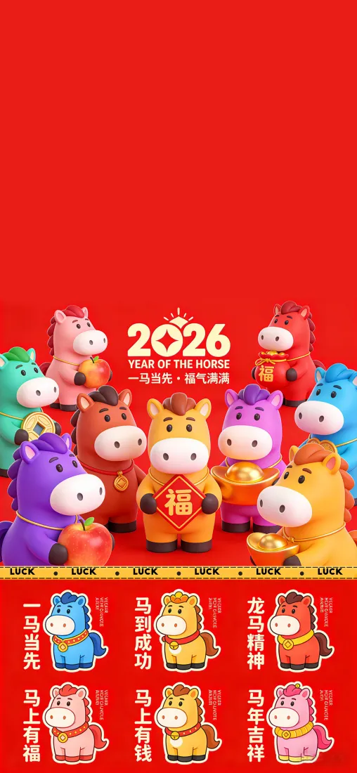 红色背景上多只彩色3D卡通小马玩偶，搭配2026福字与新年吉祥文字。