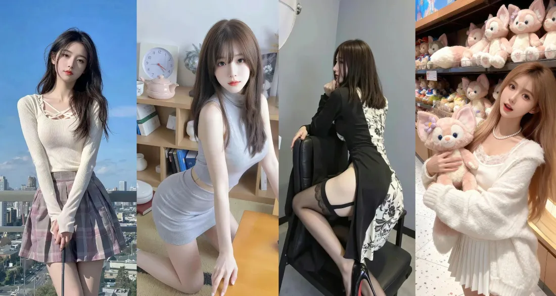 3k美女穿搭壁纸|玩偶背景 - 长发美女「哲风壁纸」 四格拼接的长发美女穿搭写真,背景含城市、室内与玩偶货架