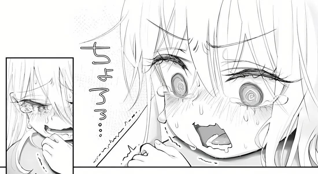 2k线稿少女壁纸|漫画分镜背景 - 哭泣表情「哲风壁纸」 黑白漫画分镜,长发少女哭泣的脸部特写,左侧嵌入小格同角色哭脸画面