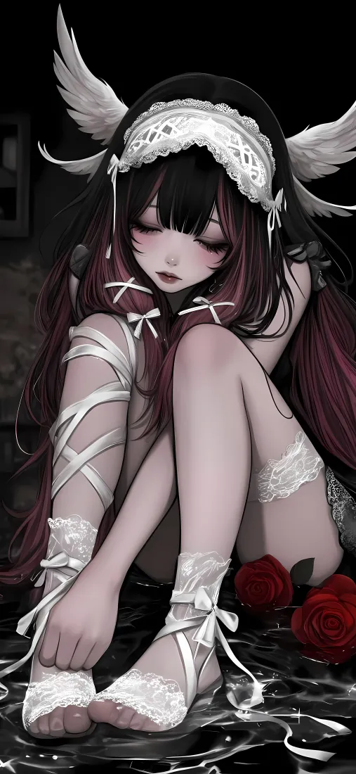 暗黑天使绷带少女手机壁纸｜红玫瑰背景 - 动漫「哲风壁纸」