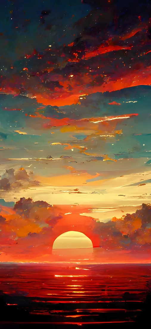 黄昏时分，橙红落日悬于海面，天空布满绚烂晚霞与星点。