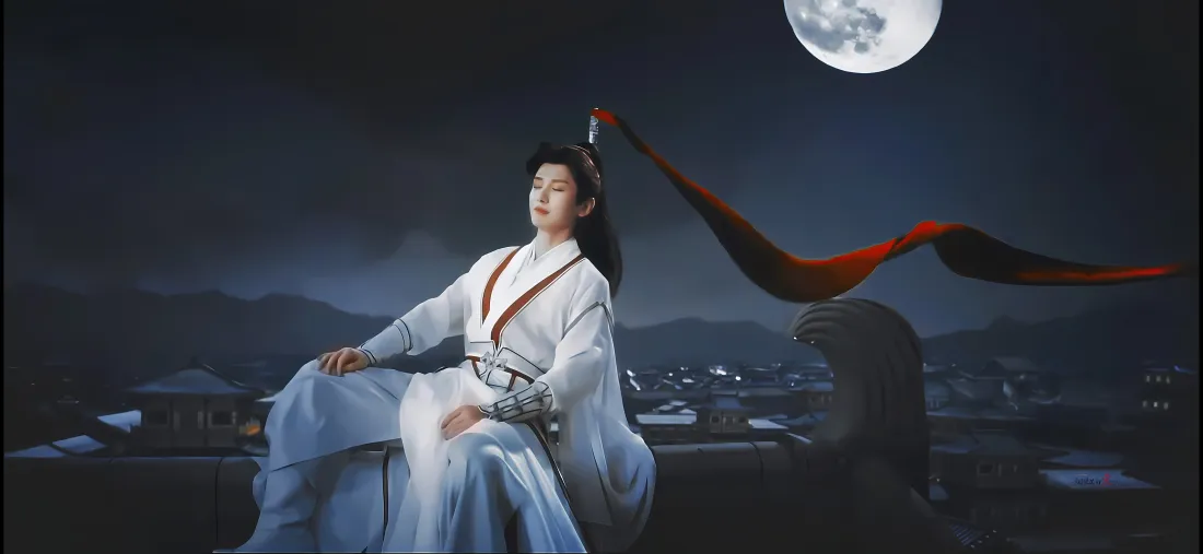 月夜下成毅身着白衣古装坐于古建筑上，红黑飘带舒展，背景为远山与古建夜景