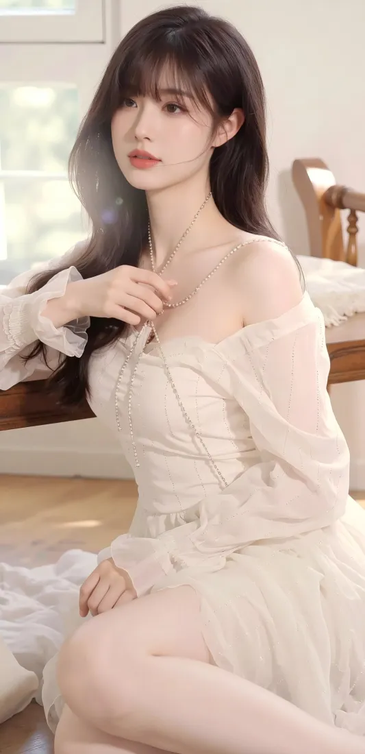 长发年轻女子身着白色露肩连衣裙，在明亮室内窗边温柔端坐。