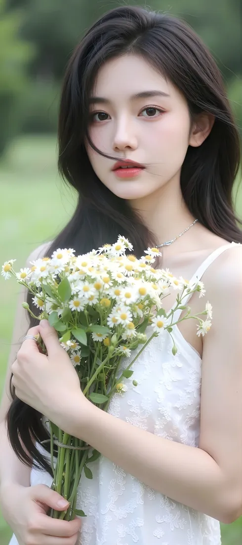 户外草地上，白衣长发女子怀抱雏菊花束，背景虚化清新柔和