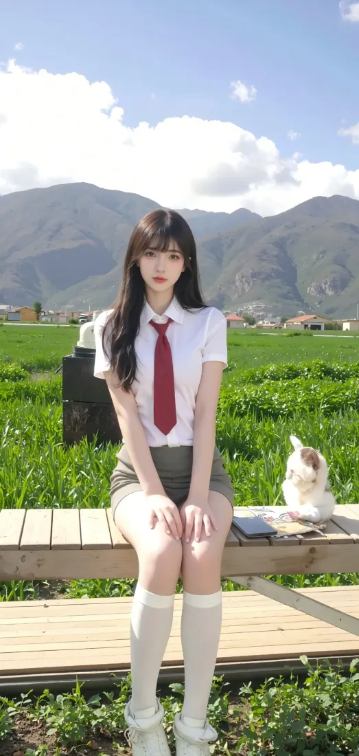穿校服系红领带的长发女生坐户外木长椅，旁有白色小狗，背景是草地远山与蓝天白云。