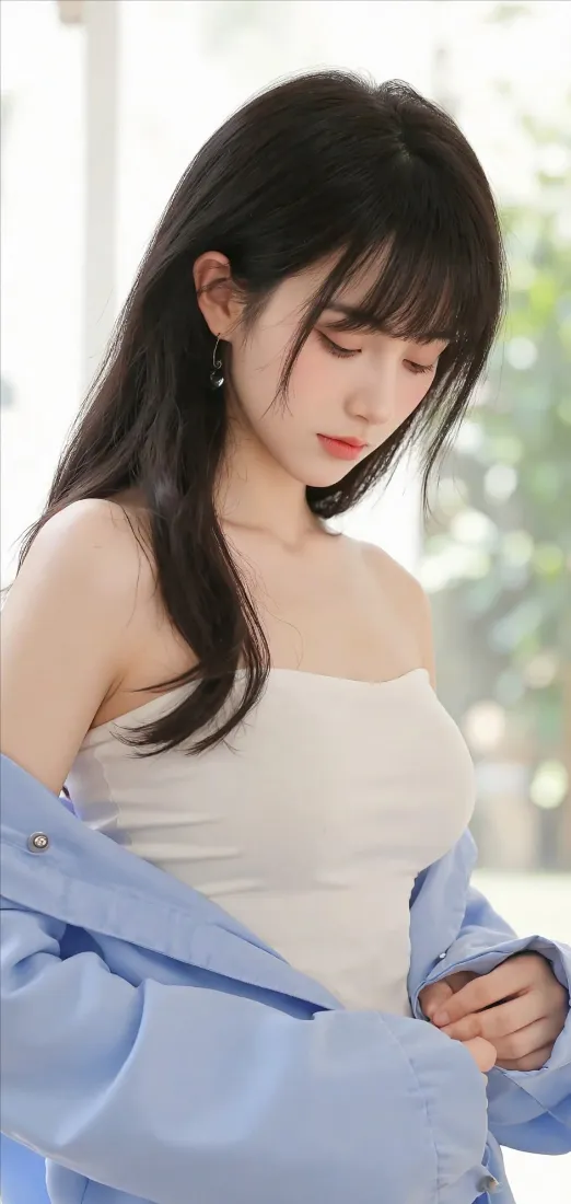 长发年轻女子身着白色抹胸，外搭浅蓝色衬衫，低头垂眸，背景为虚化的明亮窗景绿植。